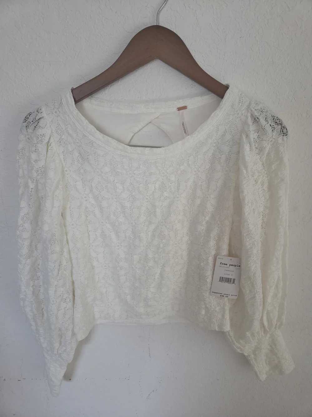 NWT Free People Jasmine Lace Top Small Ivory White Open Cutout Back Puff Sleeve